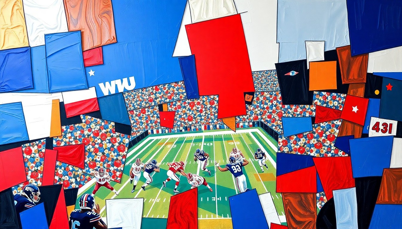 A cubist, geometric painting depicting a football game, with sharp, overlapping planes of blue, red, and white representing the New York Giants' team colors and the fractured, multi-perspective nature of the sport.