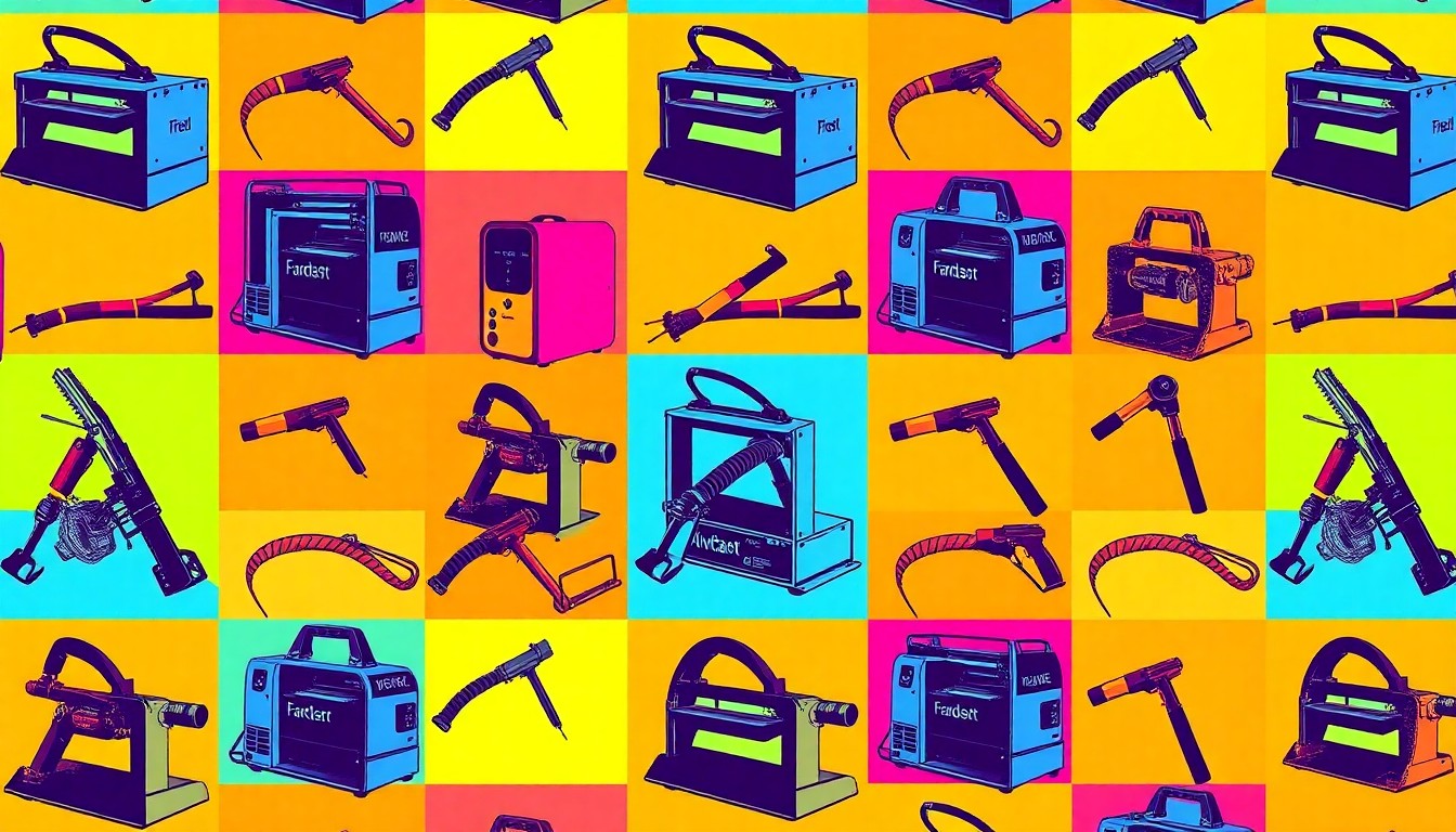 A vibrant, high-contrast silkscreen print of a fabrication tool repeated in a grid, conceptually representing the innovative design work of MAD Creative Fabrication.