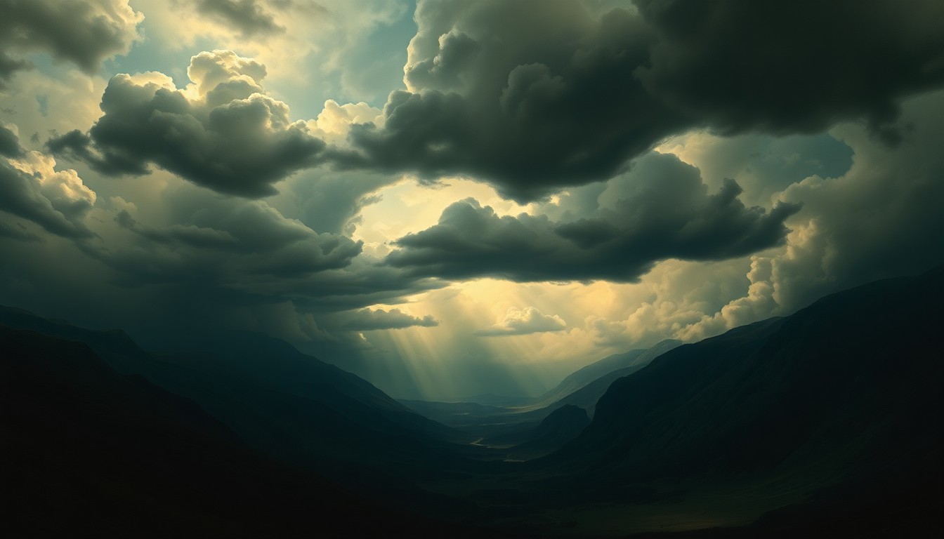 A sweeping, atmospheric landscape painting depicting a vast, ominous sky filled with dark, swirling clouds, dwarfing the small structures and objects below in a sublime, melancholic scene.