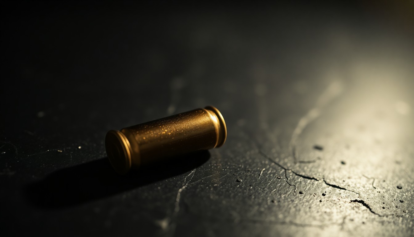 An extreme close-up photograph of a single spent bullet casing on a dark, textured surface, lit by a harsh, direct camera flash, conceptually representing the aftermath of a shooting incident.