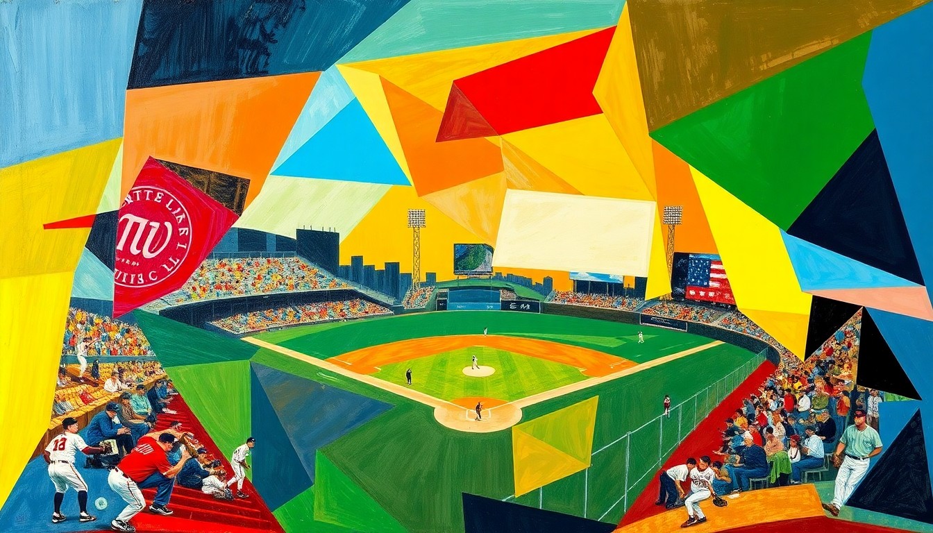 A cubist-style painting depicting a baseball game, with the players and field broken down into sharp, overlapping geometric shapes in a vibrant color palette, capturing the energy and chaos of the game.