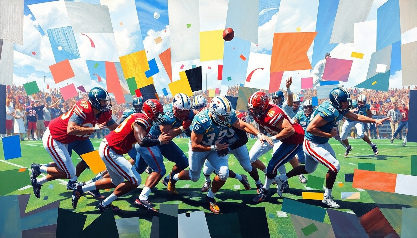 A fragmented, abstract painting depicting the chaotic movements and energy of a college football scrimmage, with players' forms broken down into sharp, overlapping geometric shapes and planes of vibrant colors.