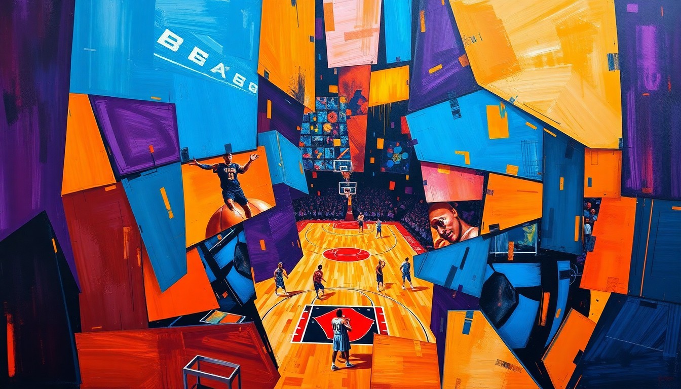 A fragmented, geometric painting in bold, vibrant colors depicting the action and intensity of a basketball game, with players and the court broken down into sharp, overlapping planes.
