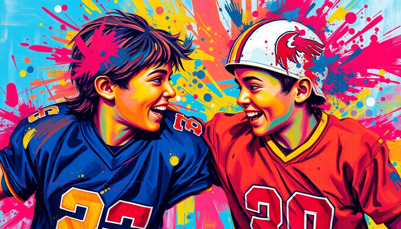 An abstract, expressionist painting in neon colors featuring overlapping brushstrokes and shapes that suggest the dynamic movement and energy of two friends playing sports together, their identities obscured in the vibrant, gestural composition.