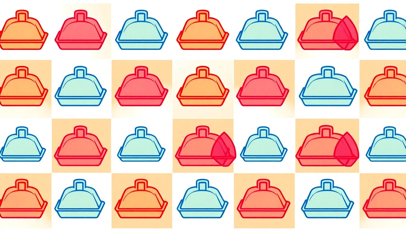 A bold, colorful silkscreen-style illustration featuring a repeating pattern of a stylized food tray icon in bright, contrasting hues, conceptually representing the diverse menu options and convenience of a modern food hall.