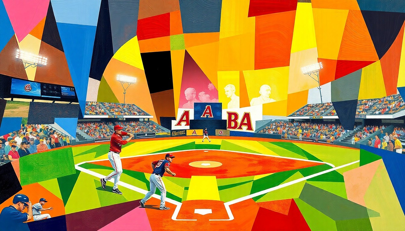 A fragmented, geometric painting in bold colors representing the dynamic movements and energy of a college baseball game.