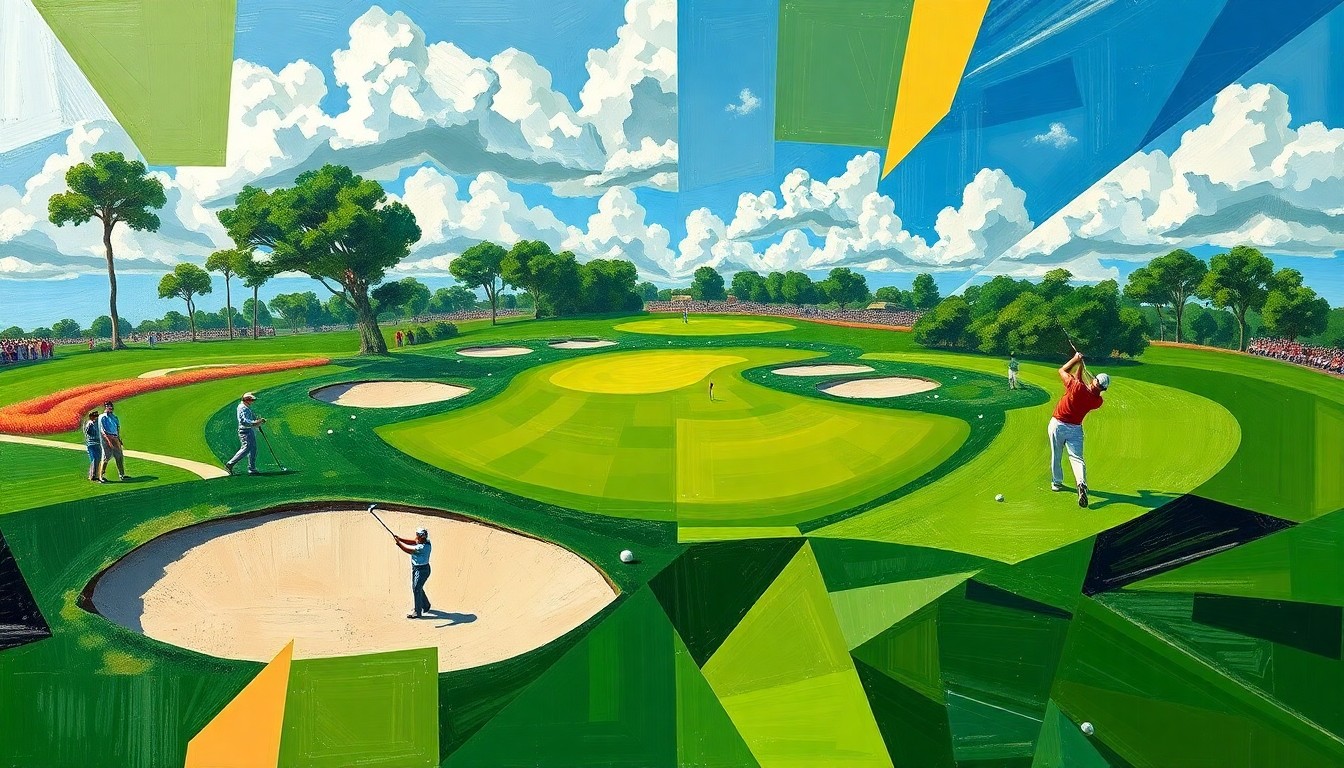 A cubist-style painting depicting the final round of the Masters golf tournament, with overlapping geometric shapes representing the fairways, sand traps, and swinging golf clubs of the competing players.