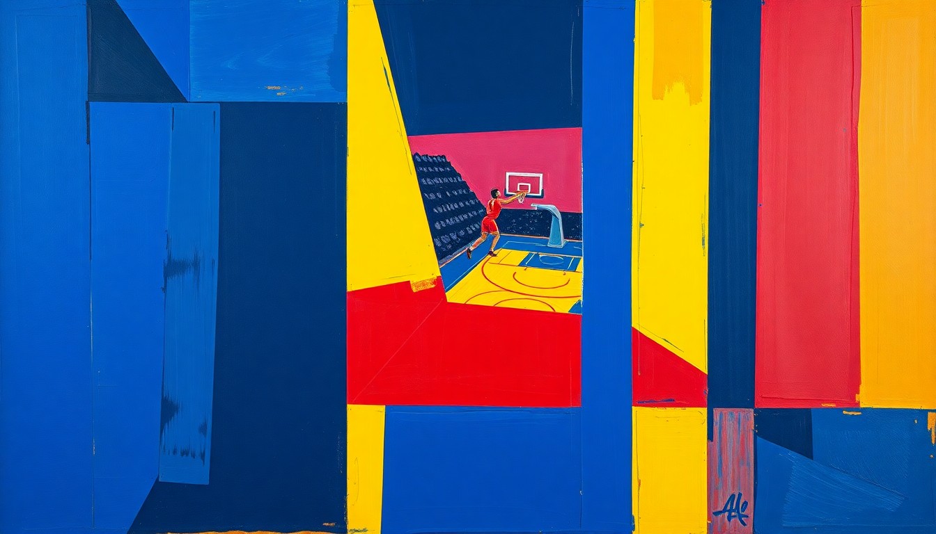 A fractured, cubist-style painting depicting an NBA basketball game broken down into sharp, overlapping geometric shapes and planes in a vibrant color palette, conceptually representing the uncertainty surrounding the league's playoff matchups.