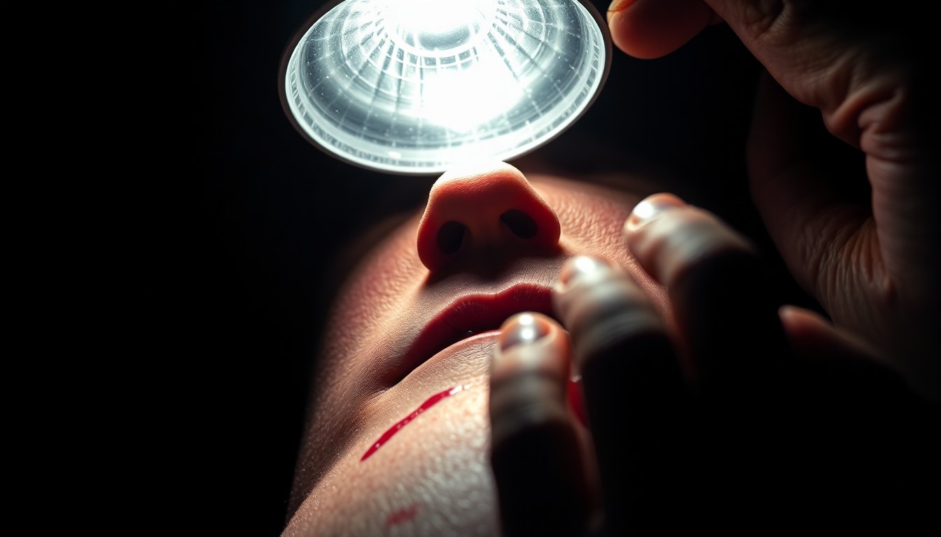 An extreme close-up photograph of a tattoo removal procedure, capturing the stark, gritty, and investigative nature of the process through dramatic lighting and a pitch-black background.