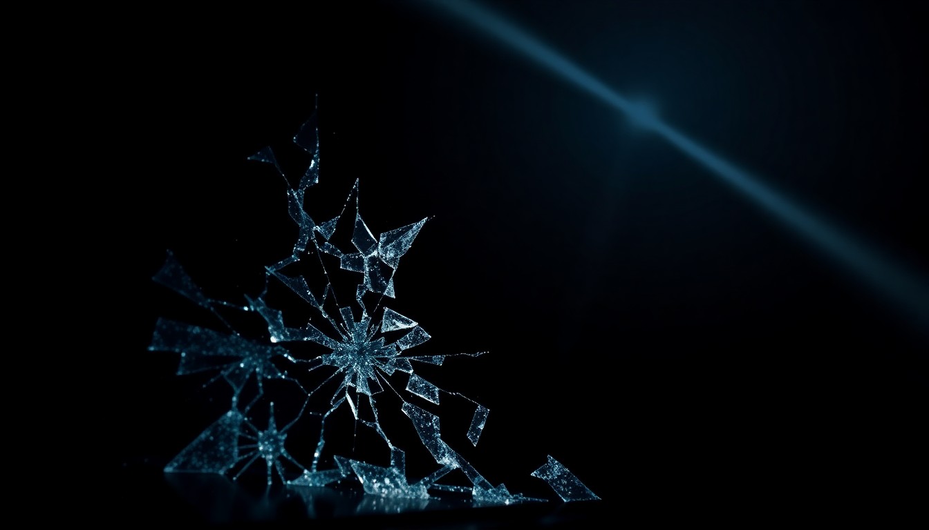 An extreme close-up photograph of shattered car window glass, the harsh flash illuminating the jagged, textured fragments against a pitch-black background, conceptually representing the devastation of a fatal drunk driving collision.