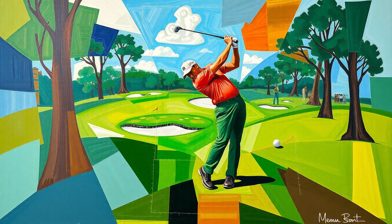 A fragmented, multi-angled painting depicting a golfer's swing and the Augusta National golf course, rendered in a cubist style using bold, intersecting geometric shapes and planes in shades of green, blue, and brown.