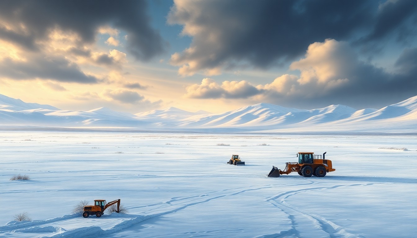 A vast, majestic landscape painting depicting the snow-covered expanse of Creamer's Field Refuge in Fairbanks, Alaska, with the snow-clearing equipment dwarfed by the overwhelming presence of the wintry natural environment.