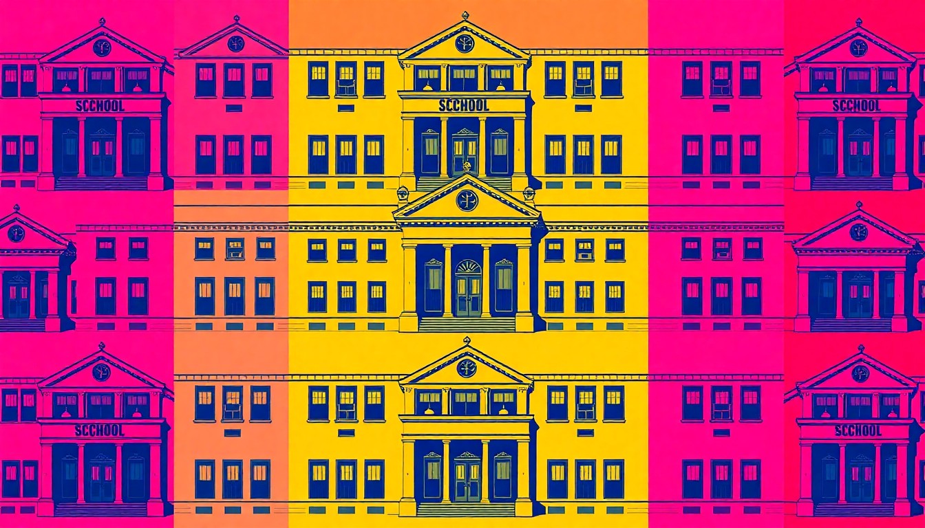 A brightly colored, high-contrast silkscreen print of a school building repeated in a grid pattern, using flat, vibrant neon colors and heavy black outlines to create a modern pop art representation of the repurposing of the closed Bryant Elementary School.
