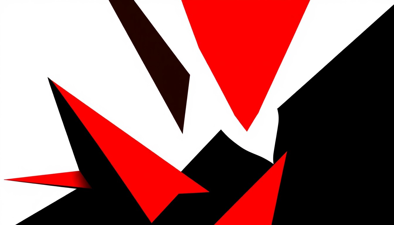 A dynamic, abstract composition of angular black and white shapes with accents of bright red, conveying the energy and prestige of a local TV station winning a major industry honor.