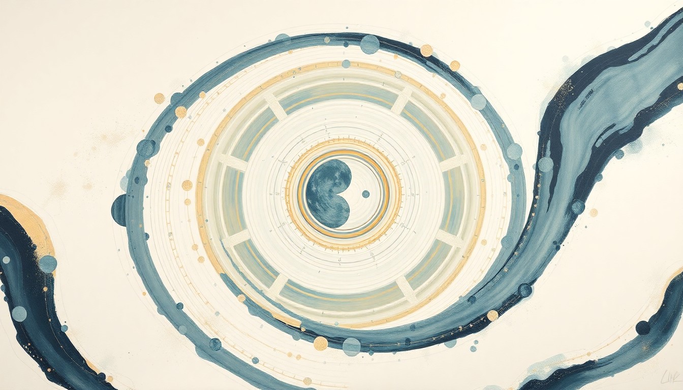 A bold, abstract painting in earthy tones of blue, green, and gold, featuring sweeping geometric arcs, concentric circles, and precise spirals, conceptually representing the Artemis II spacecraft's journey to the moon and back.