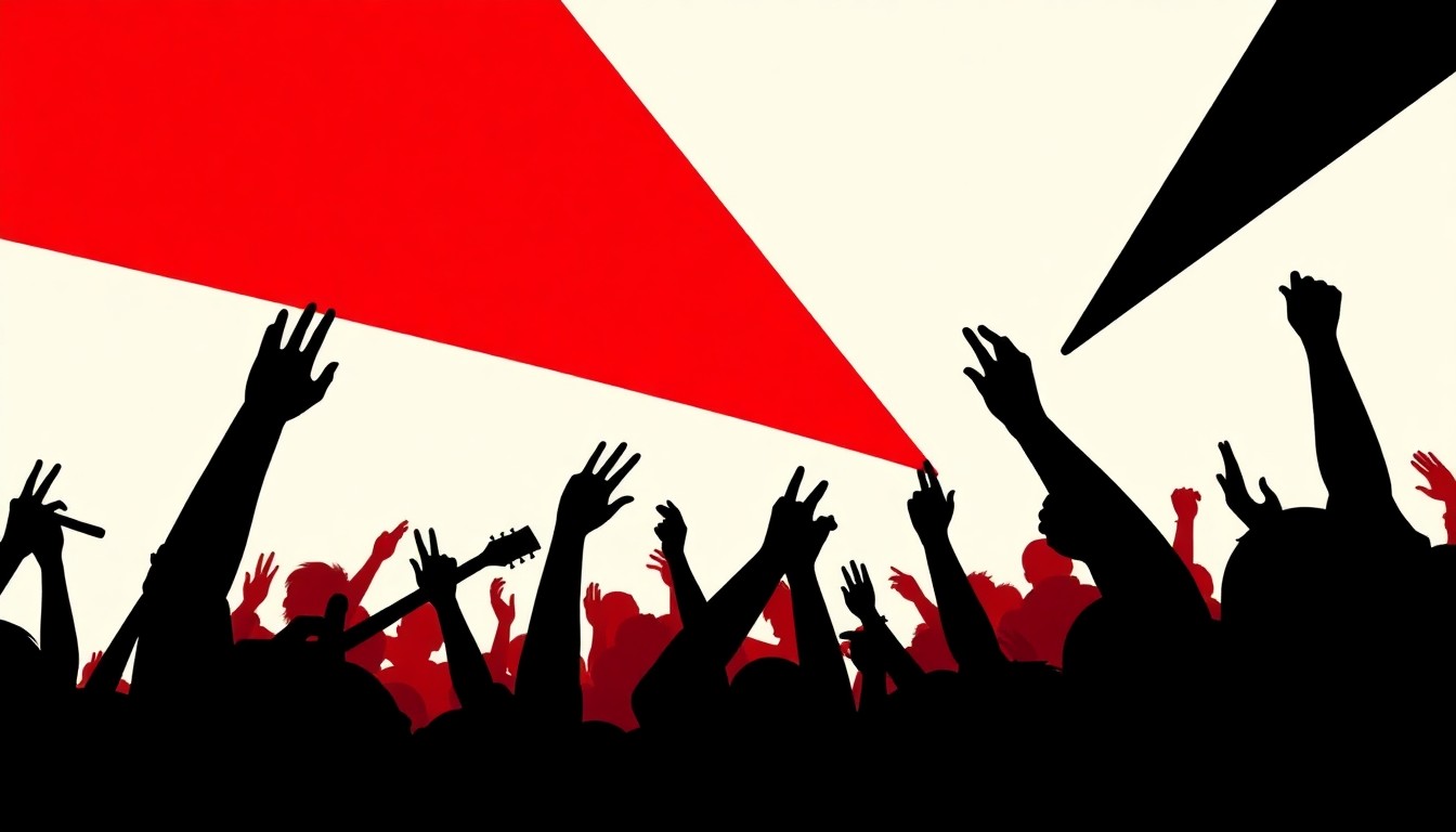A dynamic, abstract illustration featuring jagged black silhouettes of a guitar, microphone, and crowd against a bold red background, capturing the raw energy and spirit of a live rock performance.