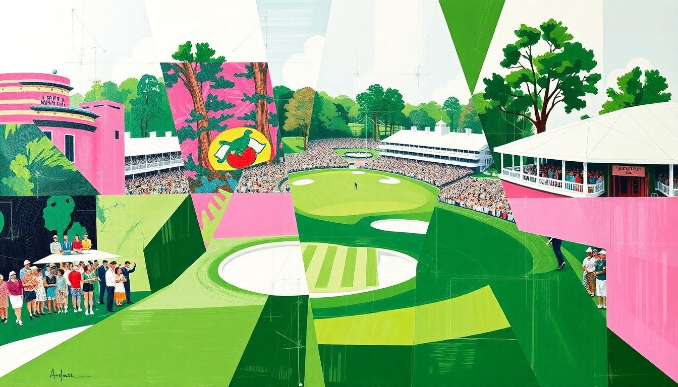 A cubist, geometric painting depicting a fragmented scene of a golf tournament, with overlapping planes of emerald green fairways, azalea pink blooms, and bright white bunkers, capturing the energy and movement of the sport.