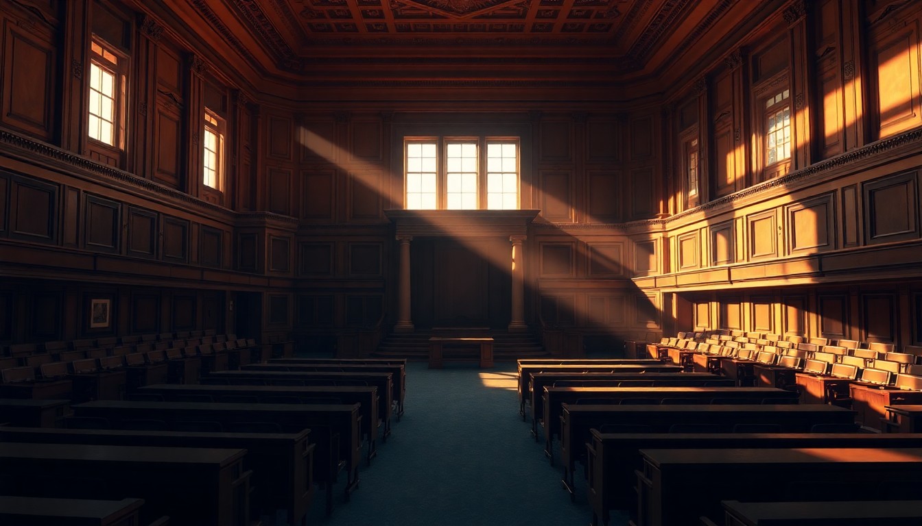 A dimly lit, cinematic painting of an empty legislative chamber, with warm sunlight streaming through the windows and deep shadows casting an air of solemnity and transition.