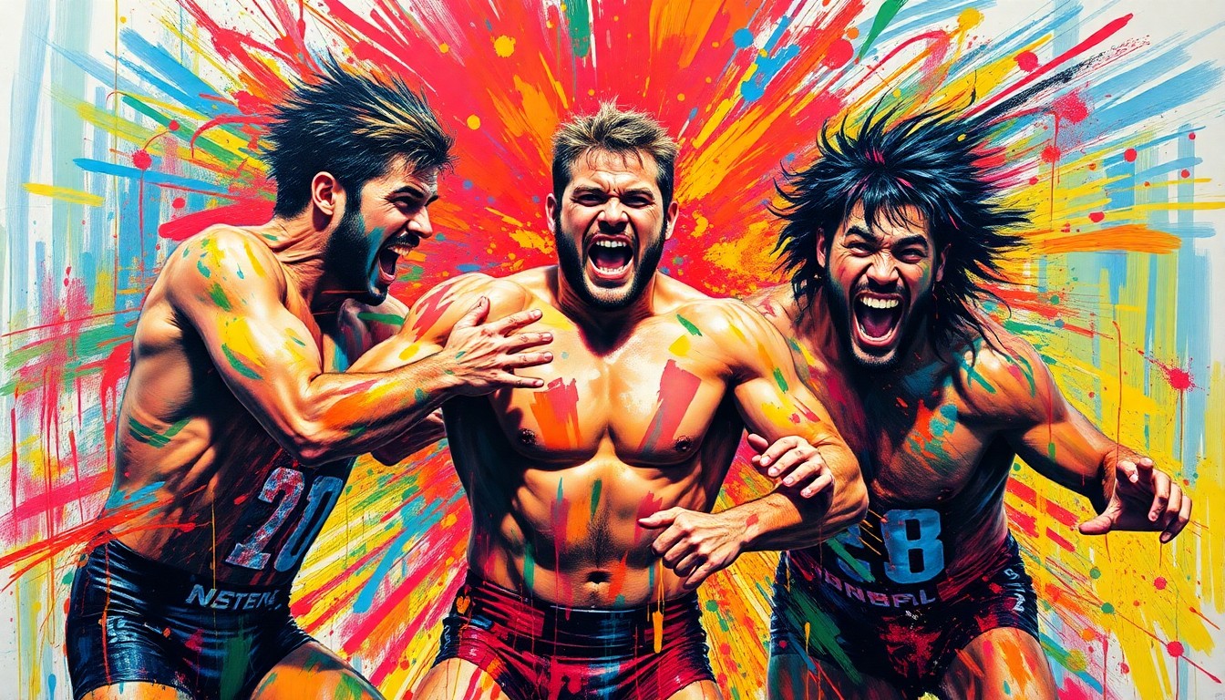 An abstract, expressionist painting in vibrant neon colors depicting the dynamic wrestling moves and raw athleticism of the TNA Rebellion match, with the figures' identities dissolving into unrecognizable brushstrokes.