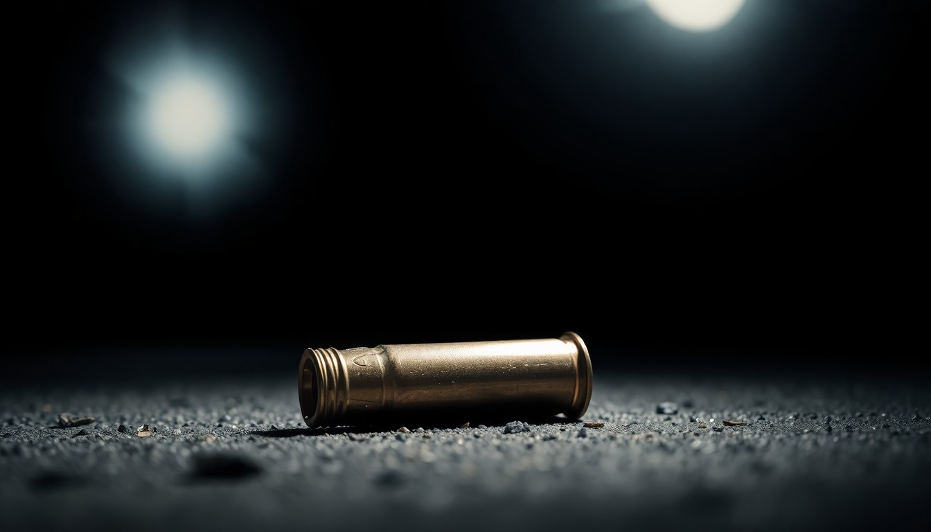 An extreme close-up photograph of a spent shell casing on the ground, its metallic surface and dramatic shadows creating a stark, gritty visual that conceptually represents the investigative nature of this crime scene.
