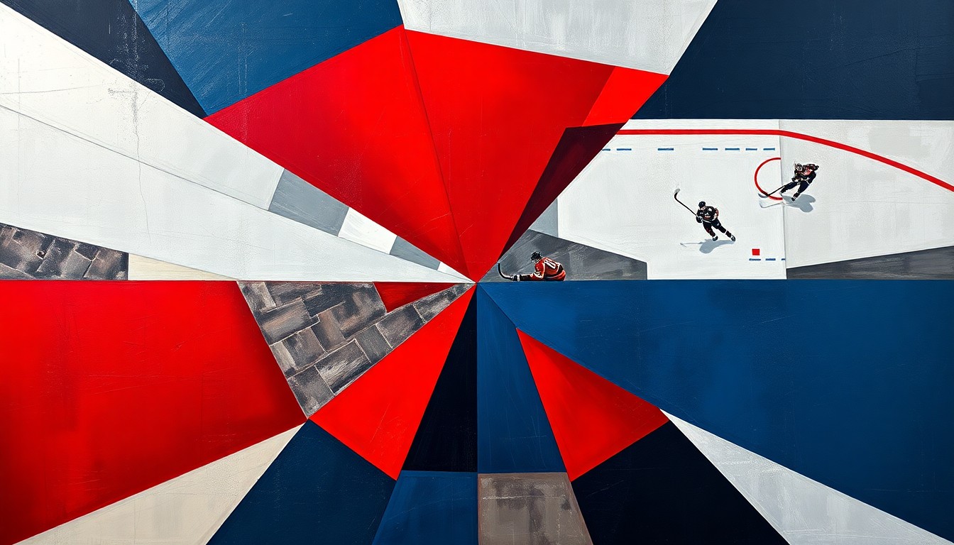 A cubist, geometric painting depicting a fragmented hockey scene, with sharp planes of deep red, navy blue, and metallic silver representing the frustration and fragmentation of the Red Wings' prolonged playoff drought.