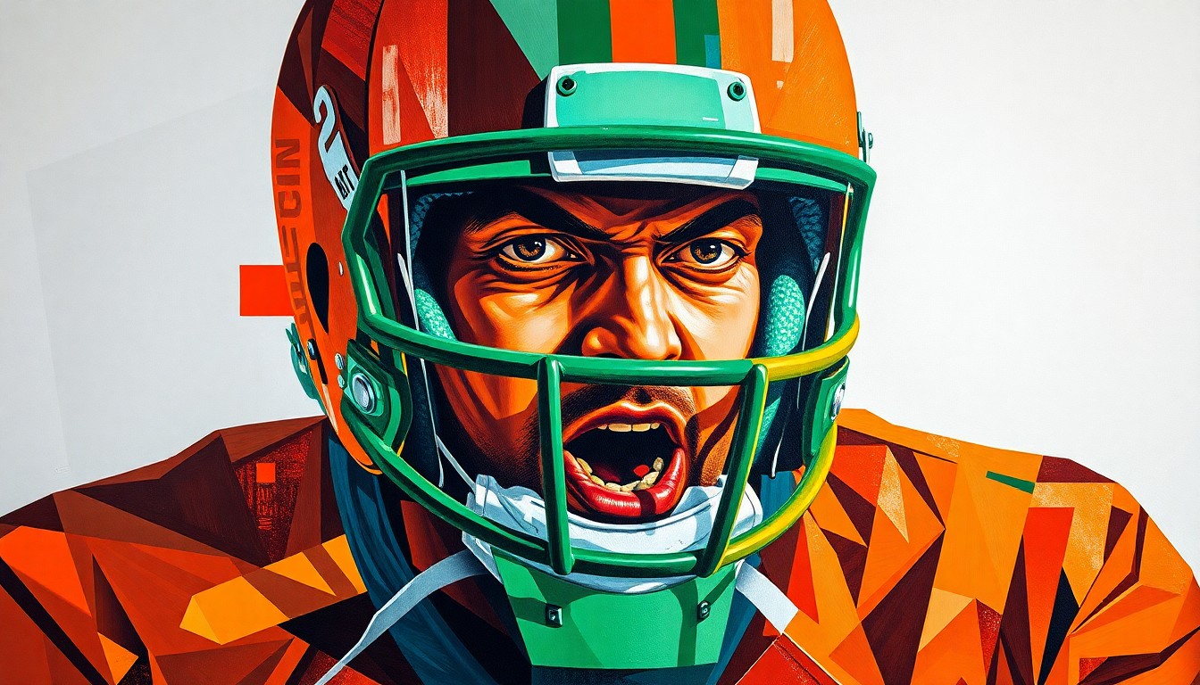 A cubist, geometric painting depicting a football offensive lineman in sharp, overlapping planes of orange and green, capturing the raw power and movement of the position.