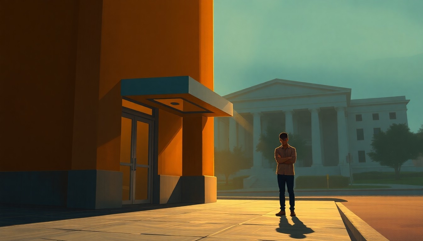 A warm, cinematic painting depicting a lone Latino person standing outside a government building, the scene bathed in soft, diagonal sunlight and deep shadows, conveying a sense of solitude and uncertainty in the face of bureaucratic processes.