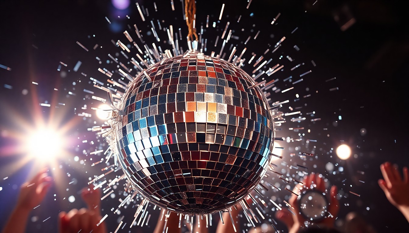 An abstract close-up photograph of a shattered disco ball reflecting glittering shards of light, capturing the high-energy, celebratory spirit of a live musical performance.