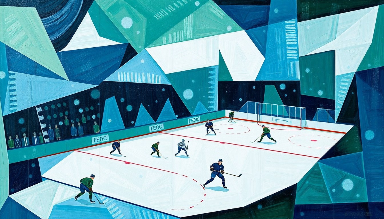 A cubist-style painting depicting a hockey game in an abstract, geometric manner, with players and the ice reduced to angular, overlapping shapes in shades of blue, green, and white.