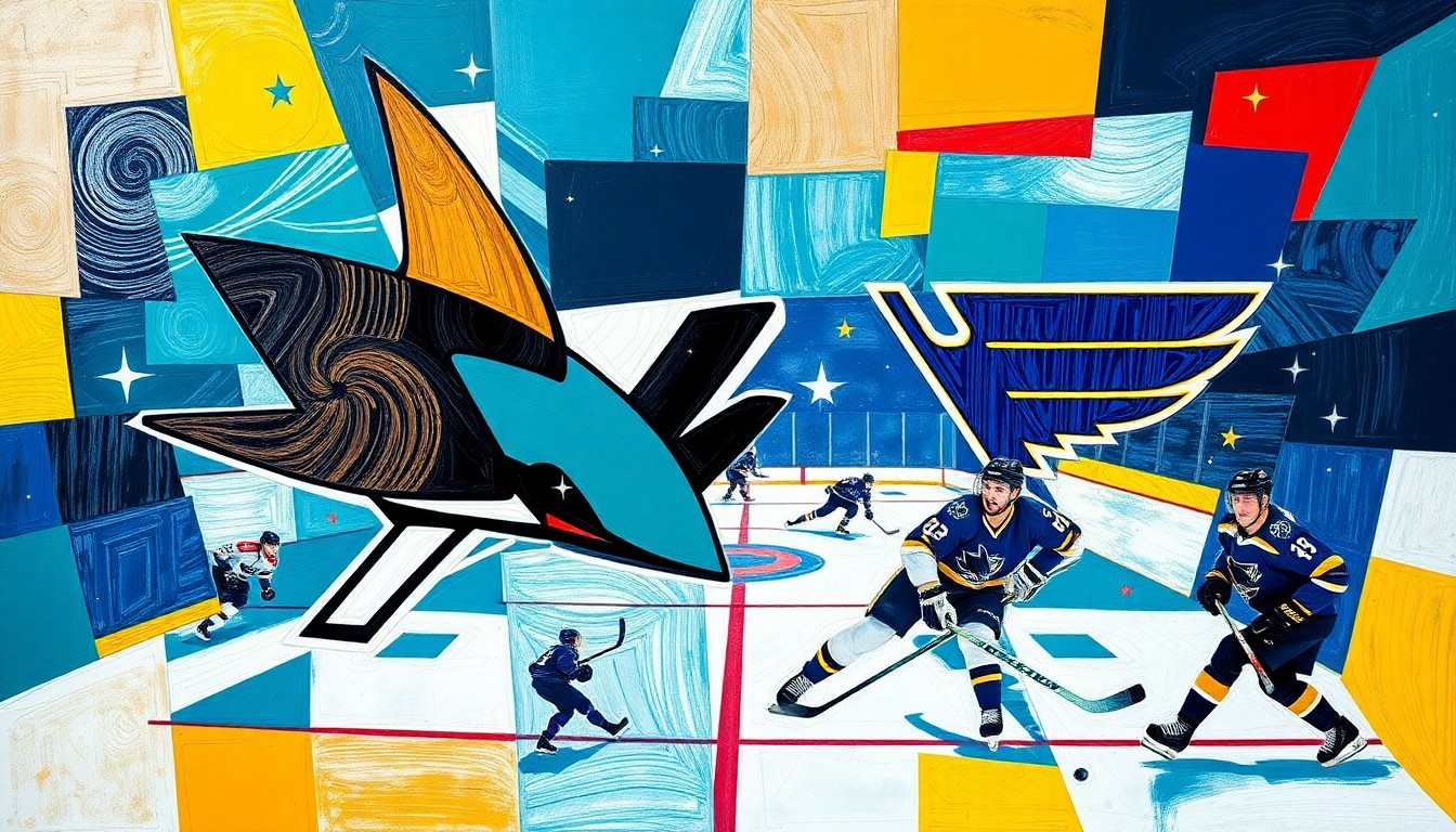 A cubist, geometric painting depicting a hockey game between the San Jose Sharks and St. Louis Blues, with the players and action broken down into sharp, overlapping planes of teal, navy, gold, and yellow, capturing the energy and intensity of the match.