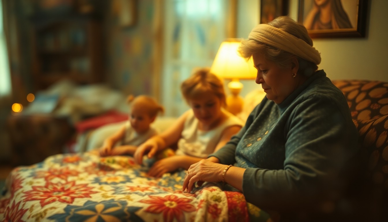 An abstract, impressionistic photograph in soft, warm tones depicting a blurred scene of a woman quilting with children, conveying the essence of Marion Burnette's life and the cherished connections she fostered.