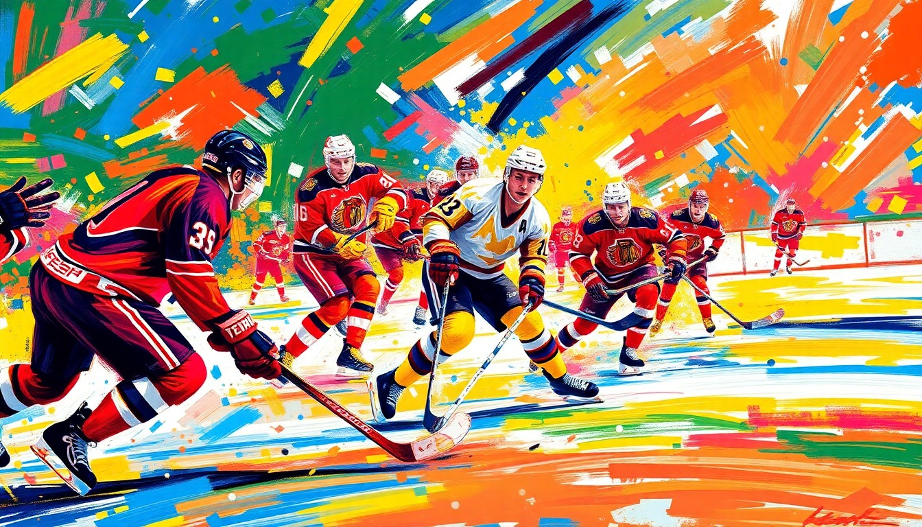 An abstract, expressionist painting in vibrant neon colors, with bold, energetic brushstrokes that capture the dynamic movement and intensity of a professional hockey game.