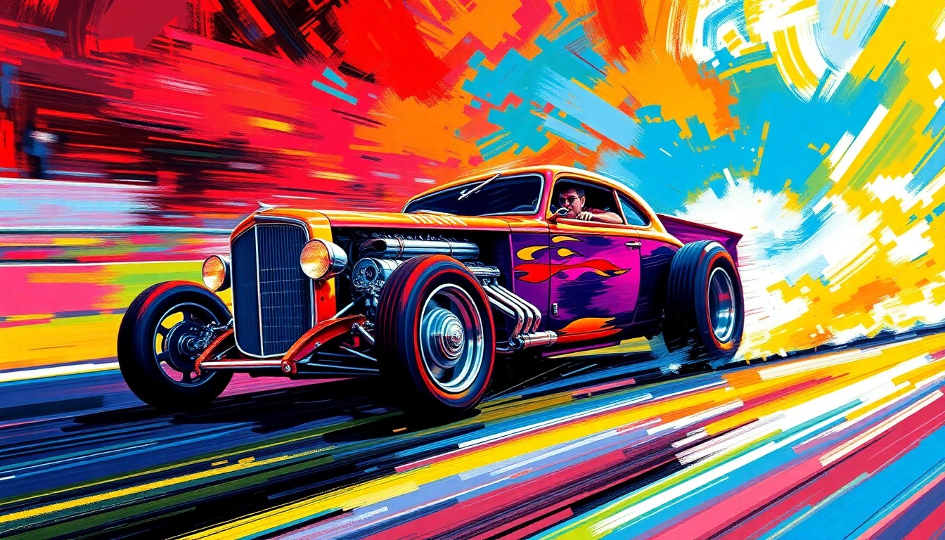 An abstract, expressionist painting in vibrant neon colors, capturing the explosive energy and movement of a high-speed drag race.