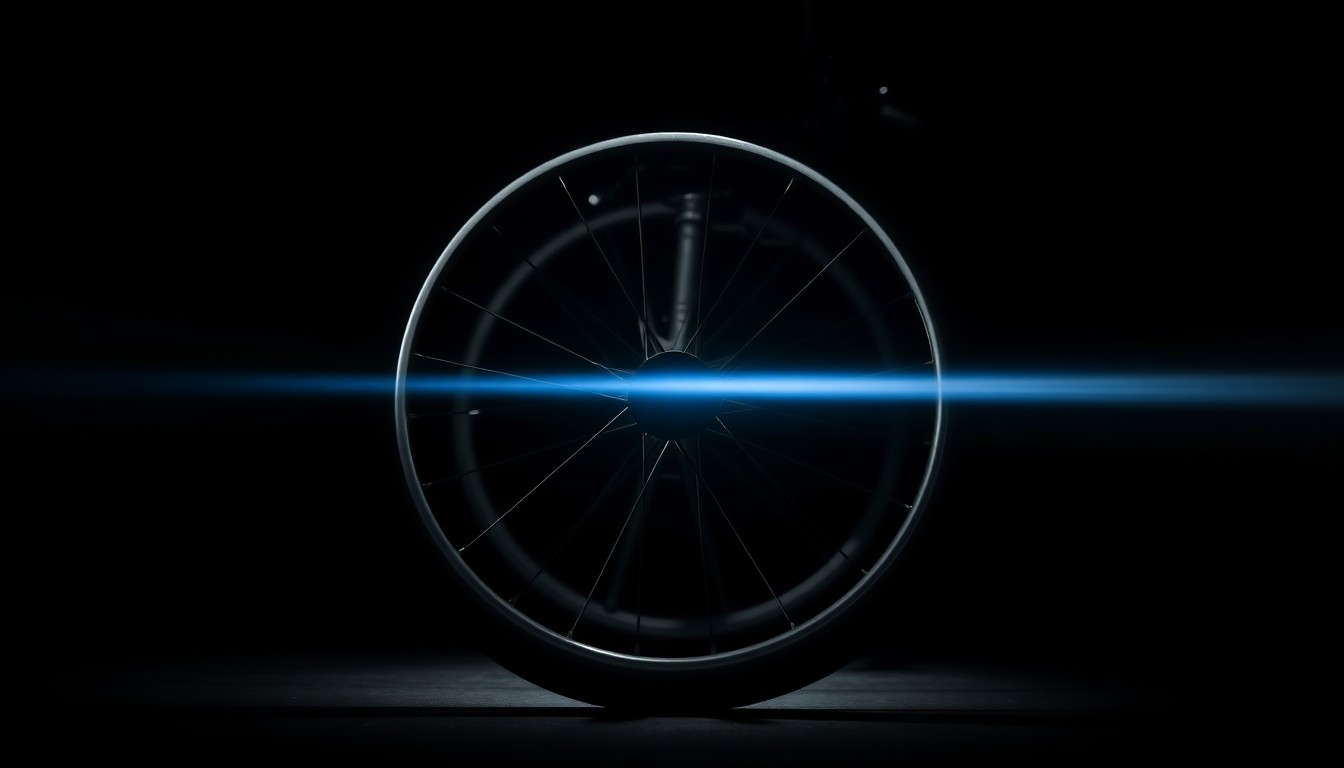 An extreme close-up photograph of a wheelchair wheel against a pitch-black background, lit by a harsh, direct camera flash, conceptually representing the tragedy of a disabled man's life cut short by violence.