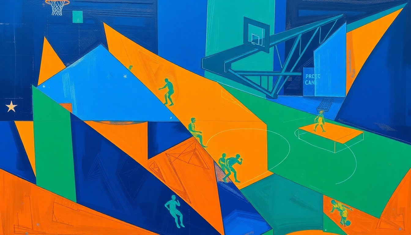 A cubist, geometric painting depicting the dynamic movements and energy of a WNBA basketball game, with overlapping shapes and planes in vibrant shades of blue, orange, and green.