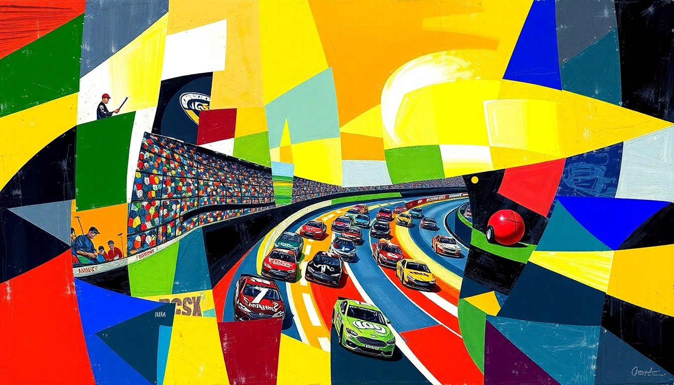 A cubist, geometric painting depicting a fractured, multi-perspective view of a NASCAR race scene, with sharp, overlapping planes of color representing the sport's balance between performance and compliance.