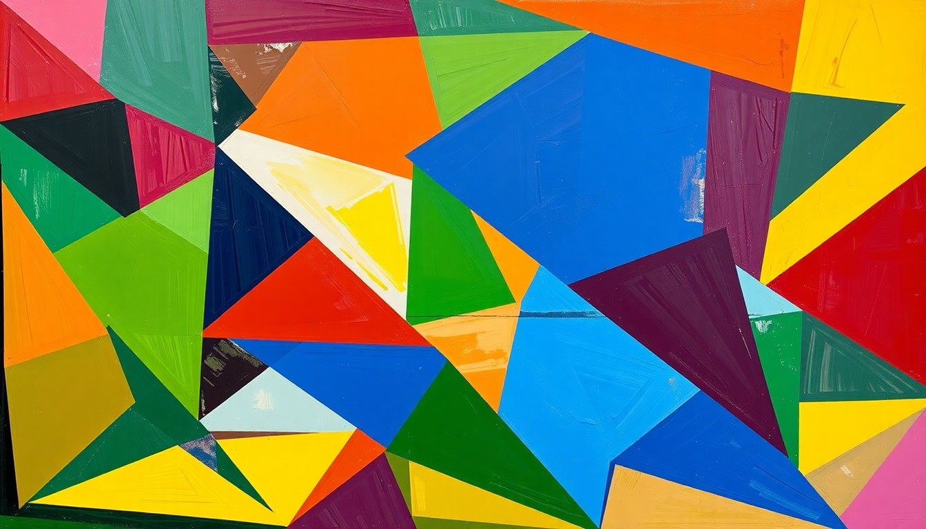 A fractured, cubist-style painting depicting the overlapping and intersecting movements of basketball players on a court, rendered in the Aces' team colors of red, white, and blue, conveying the strategic complexity and energy of the WNBA's premier franchise.
