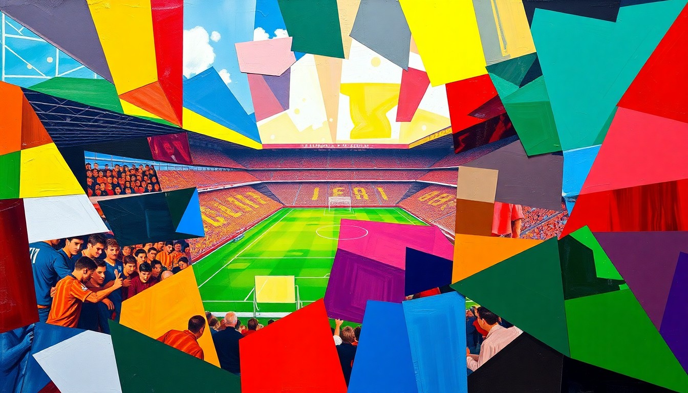 A cubist, geometric illustration depicting a fragmented Premier League football match, with sharp, overlapping planes of color representing the dynamic nature of the upcoming double and blank gameweeks.