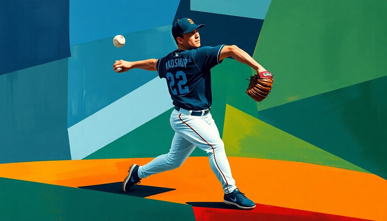 A fragmented, multi-angled painting depicting a baseball pitcher's windup and delivery broken down into sharp, overlapping geometric shapes in a palette of navy, green, and orange, capturing the dynamic motion of the sport through a cubist lens.