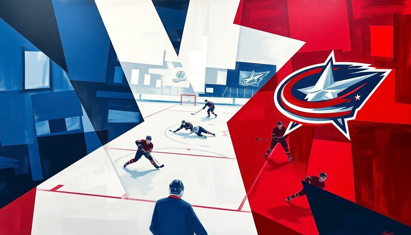 A cubist, geometric painting depicting the action of a hockey game, with the players and ice surface broken down into overlapping planes of red, blue, white, navy, and silver, capturing the intensity and movement of the sport.