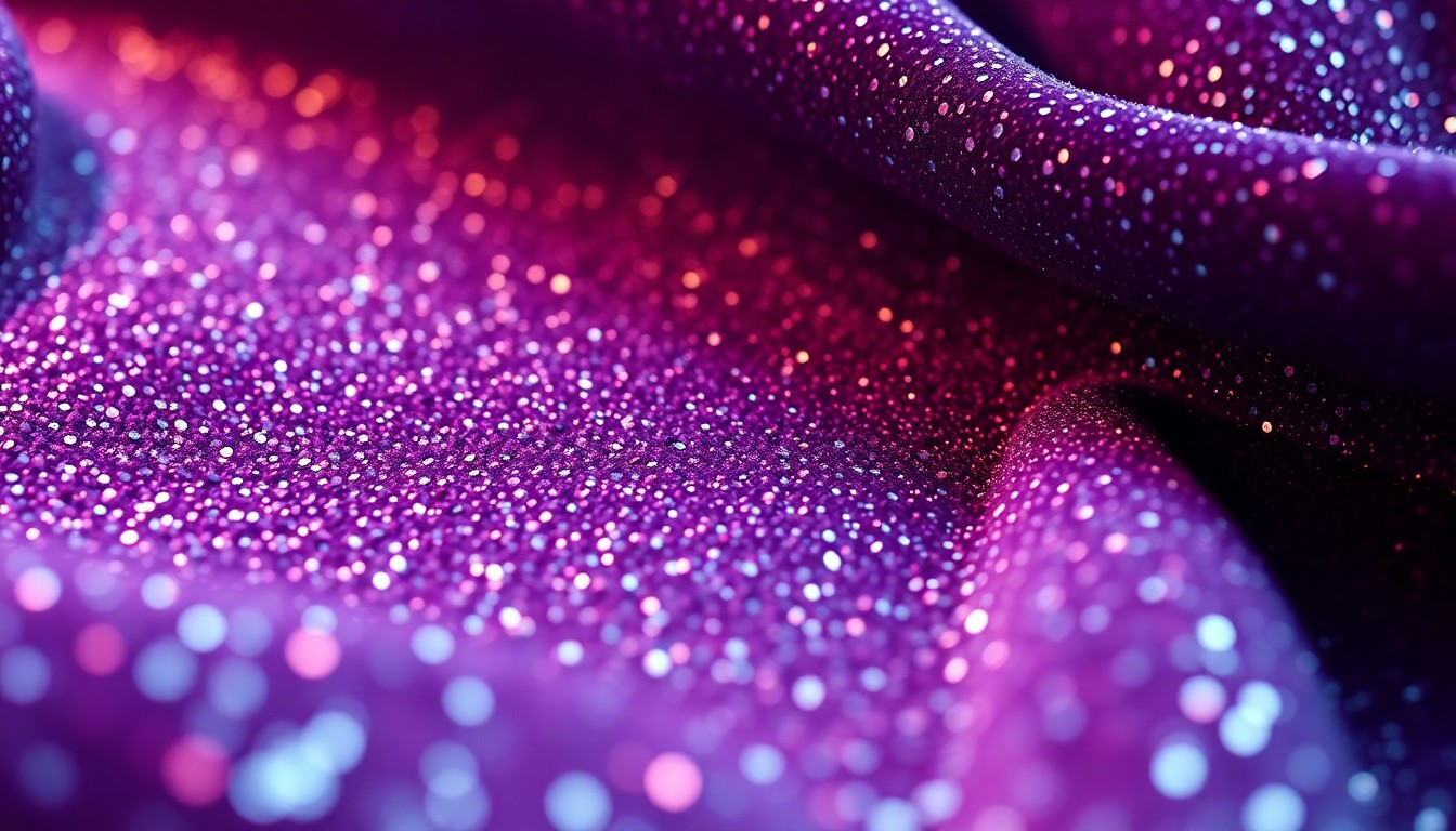 An abstract close-up image of a shimmering, high-end fabric texture like velvet or sequins, captured in dramatic studio lighting to convey a sense of celebrity glamour and luxury.