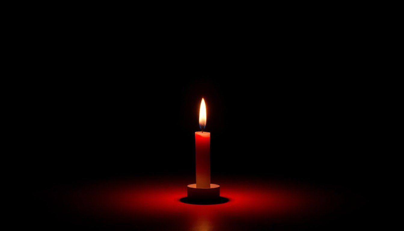 An extreme close-up of a single red candle flame casting dramatic shadows on the ground, representing the solemn commemoration of Daunte Wright's life and loss in the Brooklyn Center community.