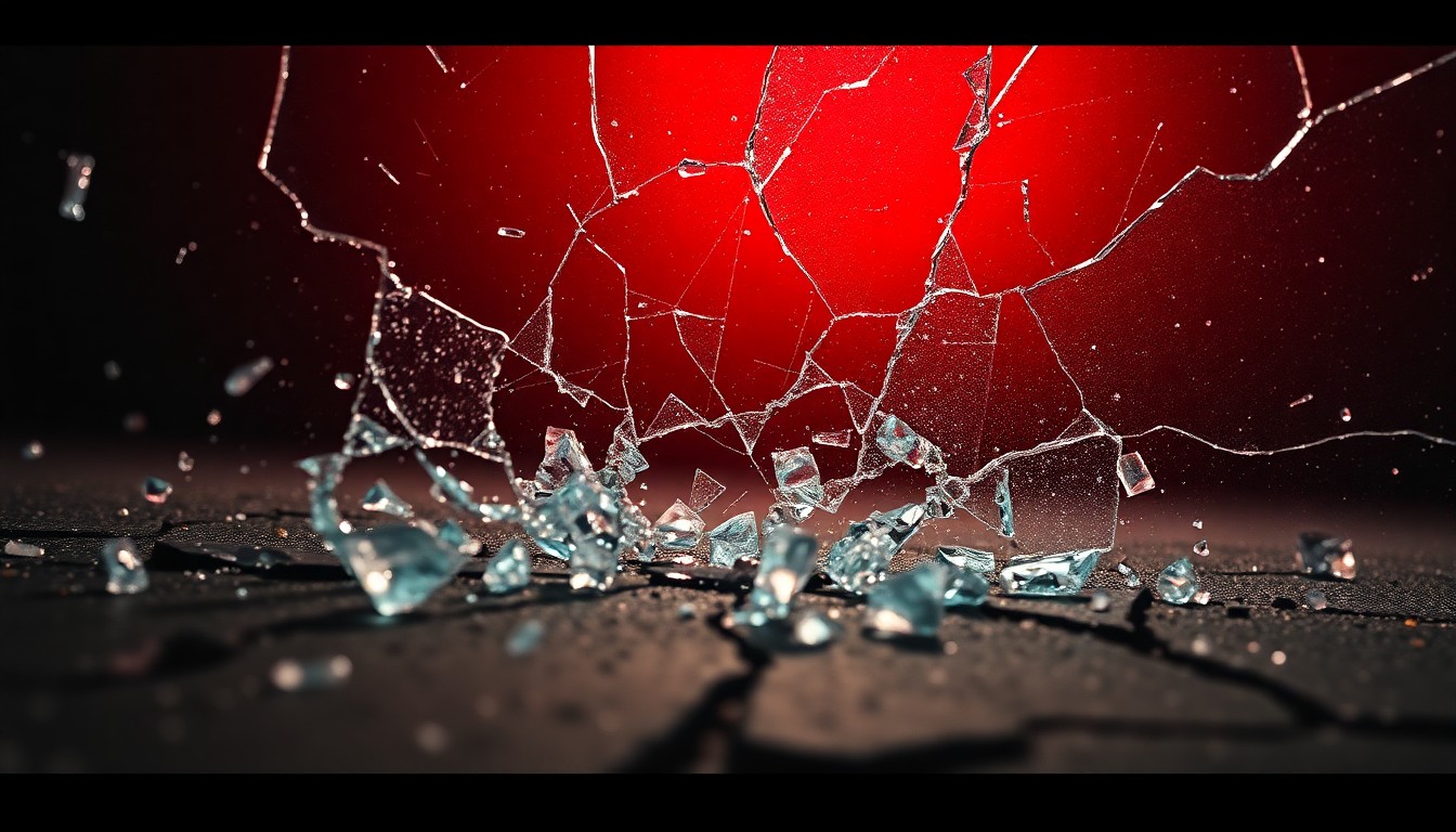 An abstract close-up photograph featuring shattered glass and cracked concrete in dramatic high-contrast lighting, conveying the gritty, urban aesthetic of Daredevil's world.