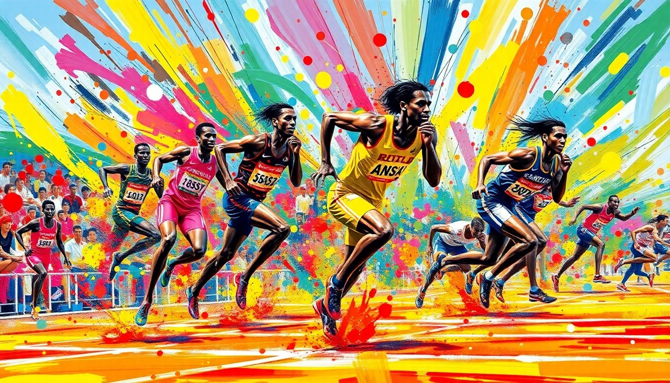 A dynamic, abstract painting in neon colors featuring blurred, energetic figures representing track and field athletes in motion, conveying the excitement and intensity of the competition.