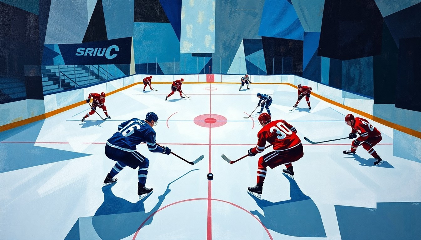 A cubist, geometric painting depicting a hockey game, with the players and ice reduced to sharp, overlapping shapes and angles, the puck as the central focal point.