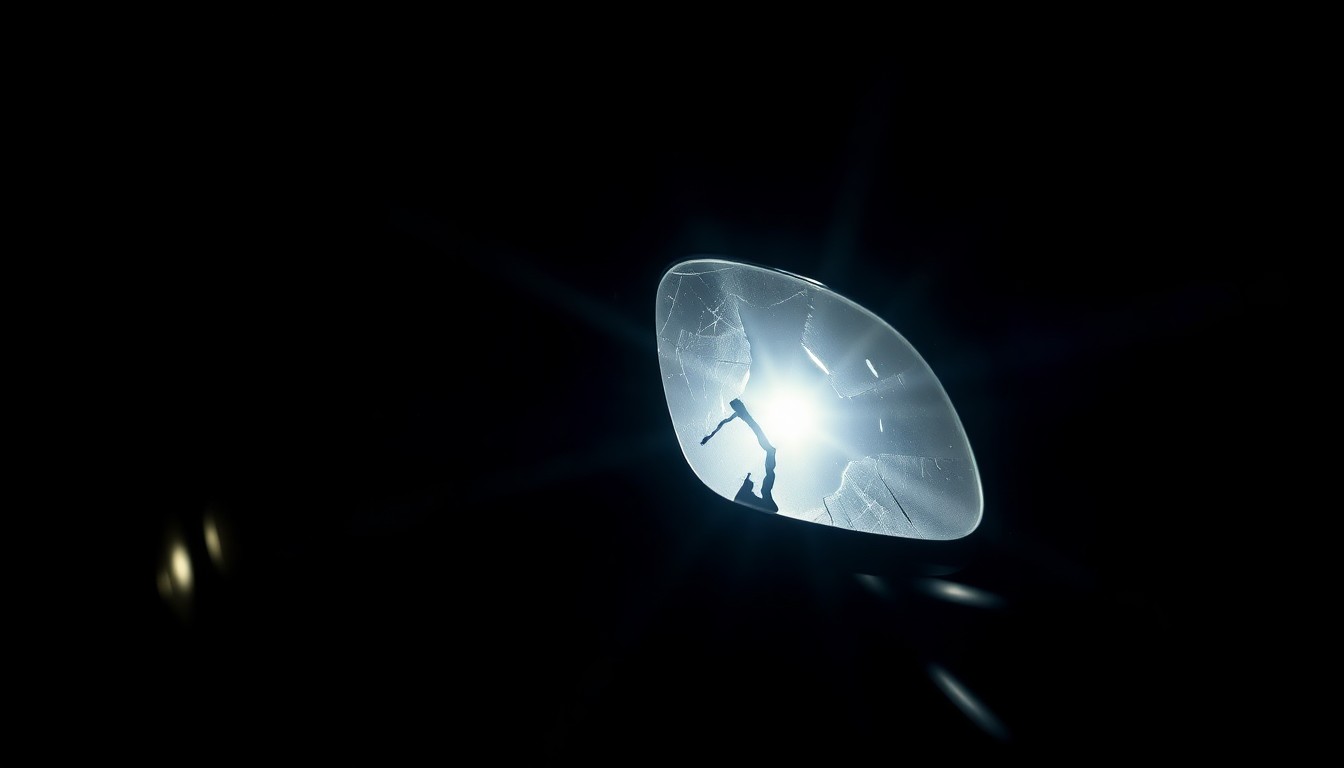 An extreme close-up photograph of a damaged car part, such as a broken side mirror or cracked windshield, lit by a harsh, direct camera flash against a pitch-black background, creating a stark, gritty, investigative aesthetic.