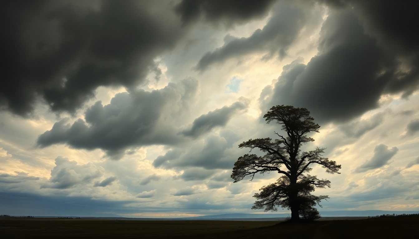 A sweeping, atmospheric landscape painting in muted tones of gray, blue, and green, with a lone tree in the foreground silhouetted against a dramatic, stormy sky filled with heavy clouds.