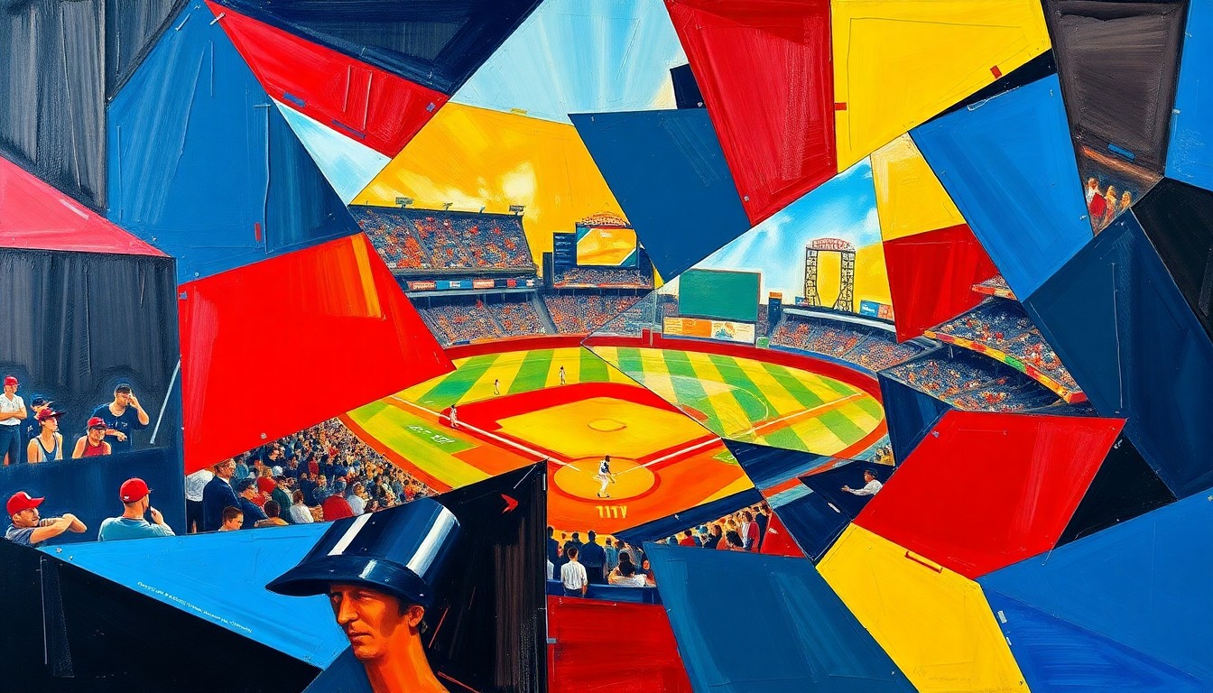 A fragmented, cubist-style painting depicting a baseball game or match, with sharp geometric shapes and planes in vibrant colors representing the dynamic action and tension of the game.