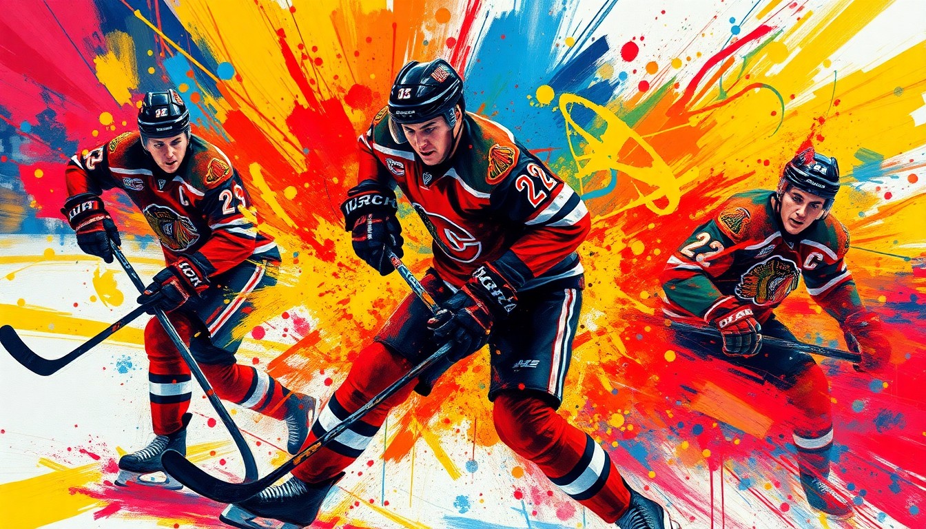 An abstract, expressionist painting in vibrant neon colors depicting the chaotic energy and movement of a professional hockey game, with players' forms dissolving into bold, gestural brushstrokes.