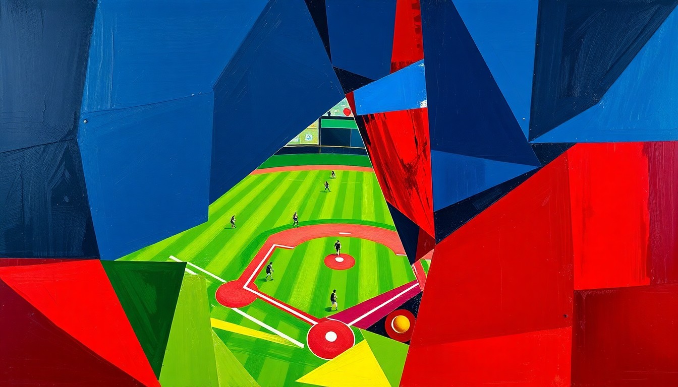 A cubist, geometric painting depicting the action of a softball or baseball game, with the players and field broken down into sharp, overlapping planes of color in a vibrant palette, capturing the competitive energy of the sports programs.